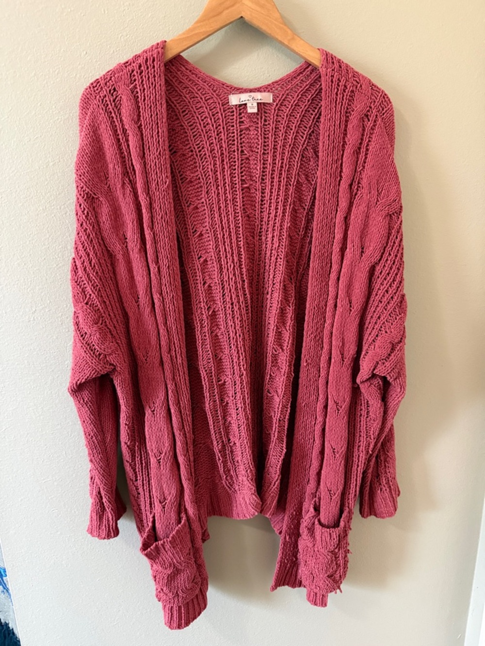 Love Tree Open-Front Cable Knit Cardigan in Rose